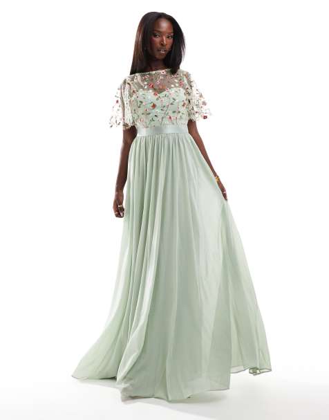 Goddiva Embroidered top flutter sleeve maxi in sagegreen