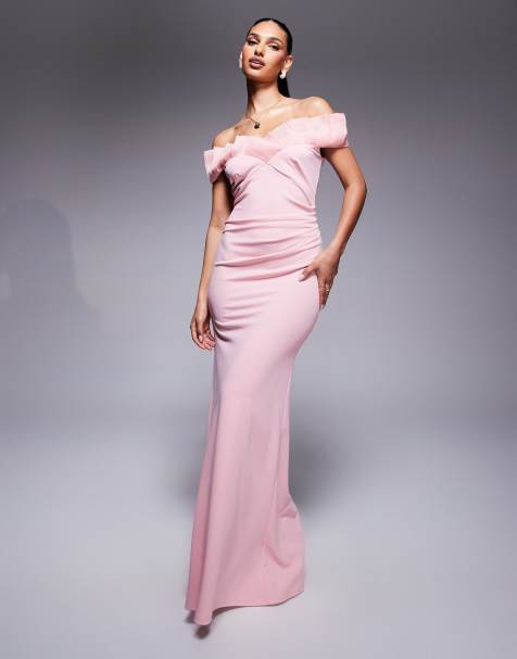 Goddiva Fan pleated bardot crepe maxi dress in blush pink in scuba style fabric