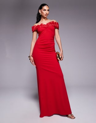 Goddiva Fan pleated bardot crepe maxi dress in red in scuba style fabric | ASOS