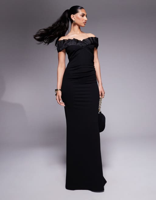 Goddiva Fan pleated bardot scuba crepe maxi dress in black
