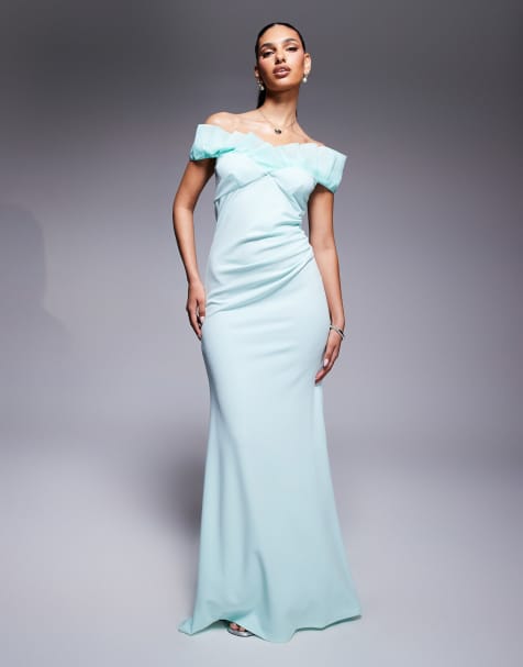 Goddiva Fan pleated bardot scuba crepe maxi dress in mint - view 1