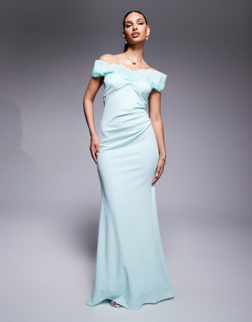 Goddiva Fan pleated bardot scuba crepe maxi dress in mint
