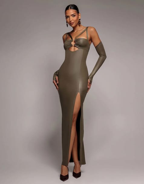 Goddiva Faux leather cut out maxi dress in khaki - view 1