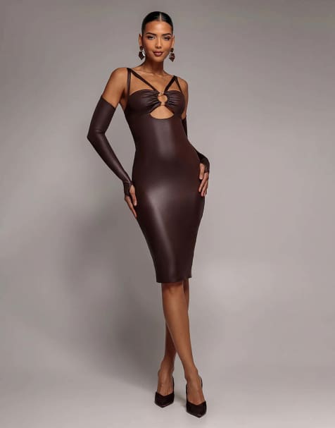 Goddiva Faux leather cut out sheath midi dress in brown - view 1