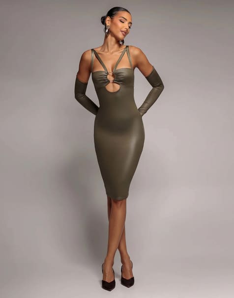 Goddiva Faux leather cut out sheath midi dress in khaki - view 1