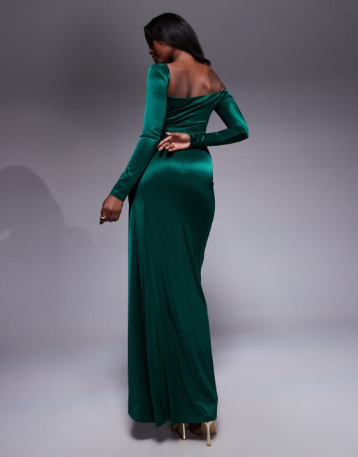 Goddiva – Figurbetontes Maxikleid aus Satin in Smaragdgrün mit One-Shoulder-Träger und Schlitz, 3 von 4