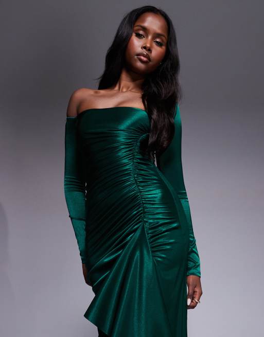 Goddiva – Figurbetontes Maxikleid aus Satin in Smaragdgrün mit One-Shoulder-Träger und Schlitz, 4 von 4
