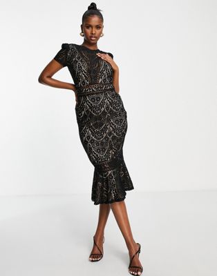 Goddiva fishtail lace prom midi dress in black