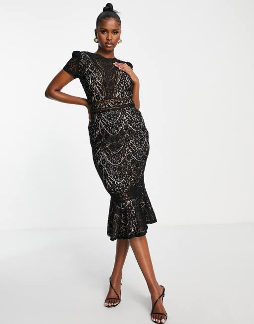 Asos black lace midi dress sale