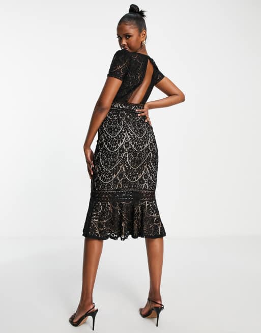 Goddiva fishtail lace prom midi dress in black ASOS