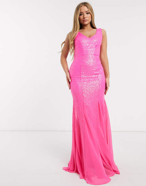 Goddiva fishtail sequin maxi dress in pink