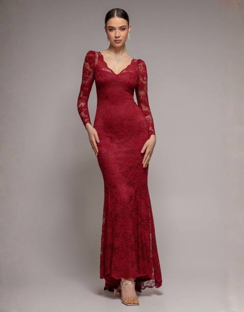 Goddiva Fit & flare scallop lace v neck maxi dress in burgundy