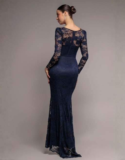 Goddiva Fit & flare scallop lace v neck maxi dress in navy, 2 of 4