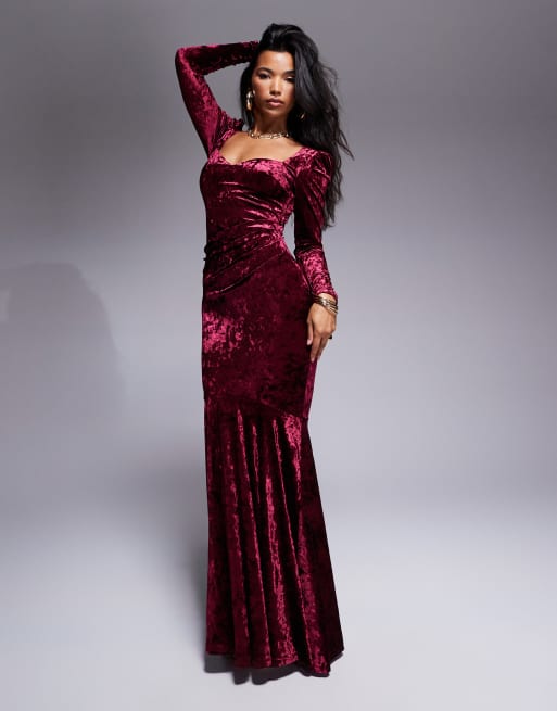 Goddiva Flared hem ice velvet maxi in burgundy