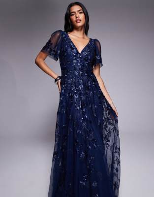 Goddiva Flared Sleeve Embroidered Maxi Dress In Blue