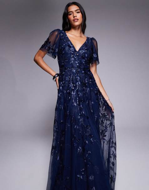 Goddiva Flared sleeve embroidered maxi dress in navy
