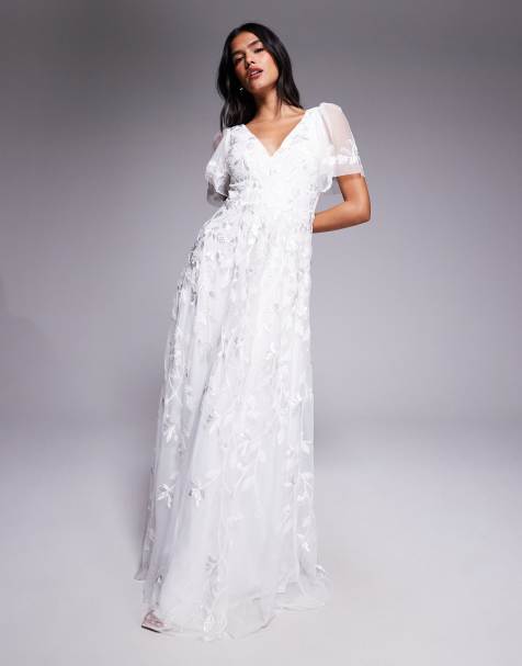 Goddiva Flared sleeve embroidered maxi dress in white