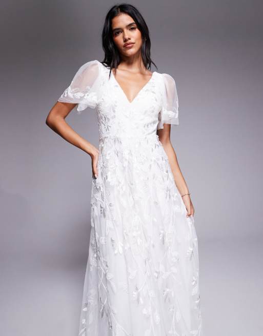 Goddiva Flared sleeve embroidered maxi dress in white, 2 of 4