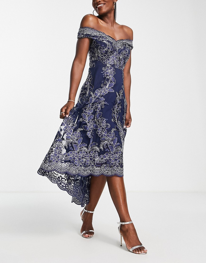Goddiva Floral Lace Off Shoulder Midi Dress In Blue-navy