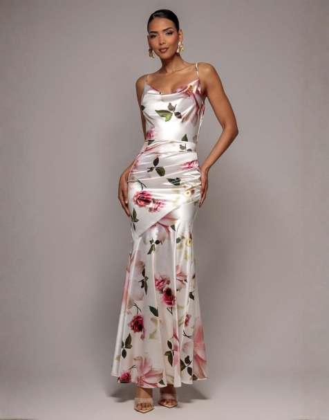 Goddiva Floral print satin cowl neck maxi dress in cream - view 1