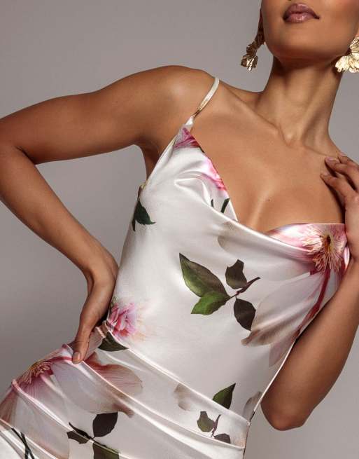 Goddiva Floral print satin cowl neck maxi dress in cream, 3 of 4