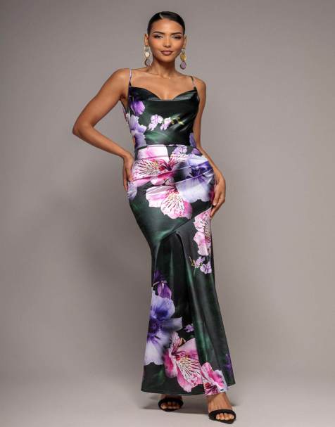 Goddiva Floral print satin cowl neck maxi dress in emerald green - view 1