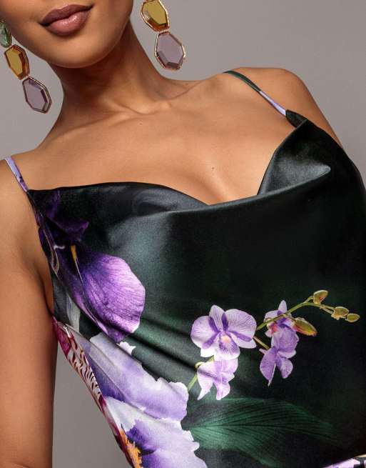 Goddiva Floral print satin cowl neck maxi dress in emerald green, 3 of 4
