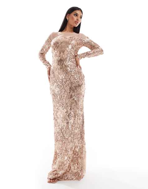 Goddiva Floral sequin mesh maxi in champagne - view 1