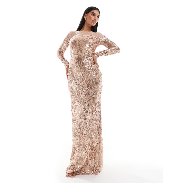 Goddiva Floral sequin mesh maxi in champagne | ASOS