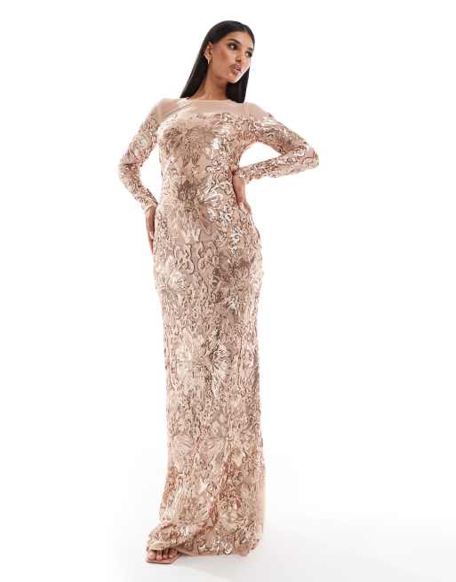 Goddiva Floral sequin mesh maxi in champagne ASOS