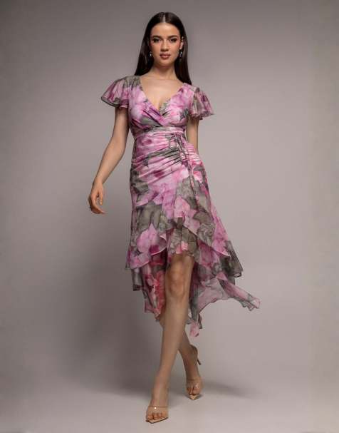Goddiva Floral wrap high and low midaxi dress in blush