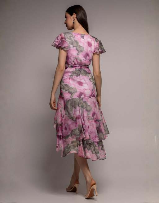 Goddiva Floral wrap high and low midaxi dress in blush, 2 of 4