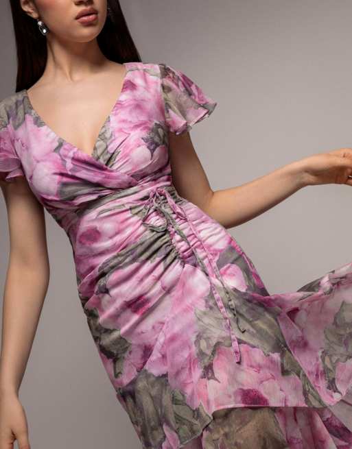 Goddiva Floral wrap high and low midaxi dress in blush, 3 of 4