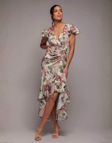 Goddiva Floral wrap high and low midaxi dress in cream - view 1