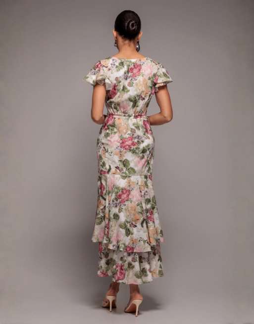 Goddiva Floral wrap high and low midaxi dress in cream, 2 of 4