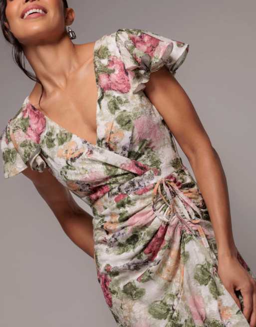 Goddiva Floral wrap high and low midaxi dress in cream, 3 of 4