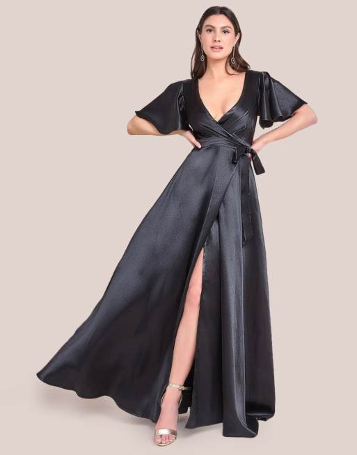 Goddiva Flutter sleeve wrapover satin maxi dress in black