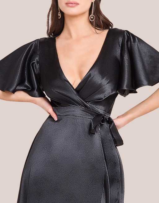 Goddiva Flutter sleeve wrapover satin maxi dress in black, 2 of 4
