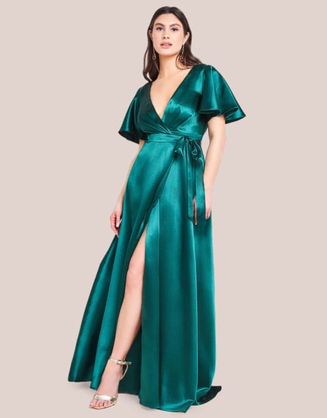 Goddiva Flutter sleeve wrapover satin maxi dress in emerald - view 1