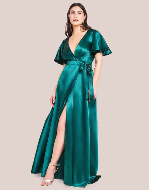 Goddiva Flutter sleeve wrapover satin maxi dress in emerald