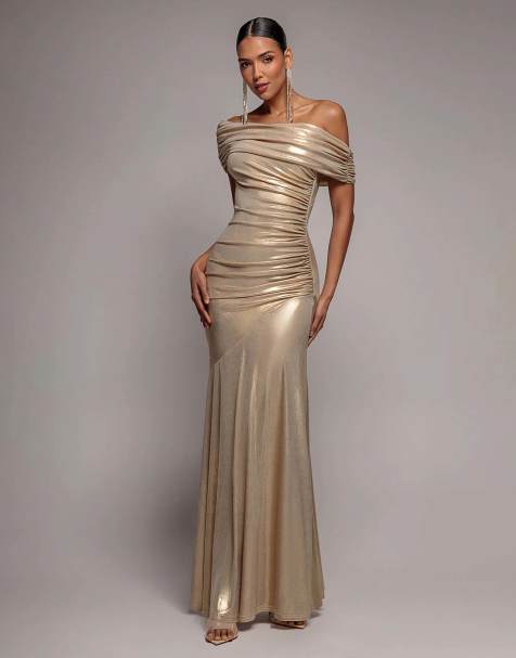 Goddiva Foil pleated one shoulder bardot fit and flare maxi dress in gold - view 1