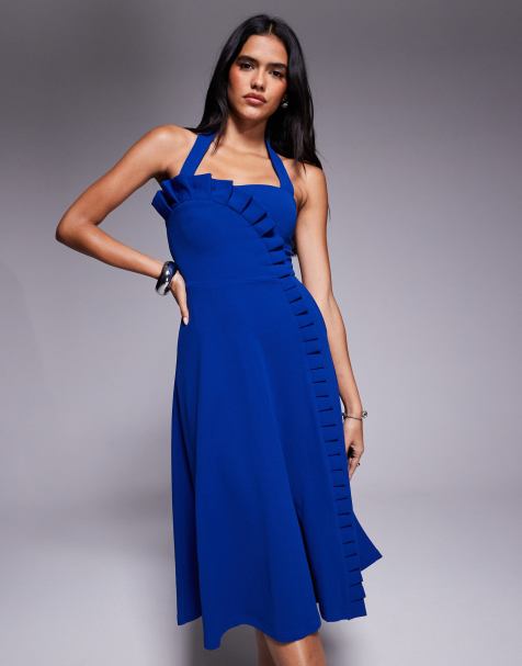 Goddiva Frilled halter neck strap midi dress in royalblue - view 1