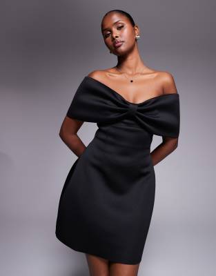 Goddiva Front bow off the shoulder mini dress in black - view 1