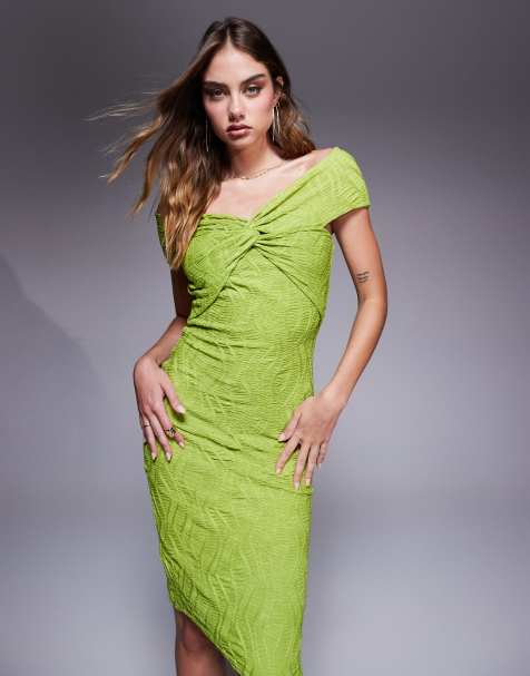 Goddiva Front knot twist midi dress in lime - view 1