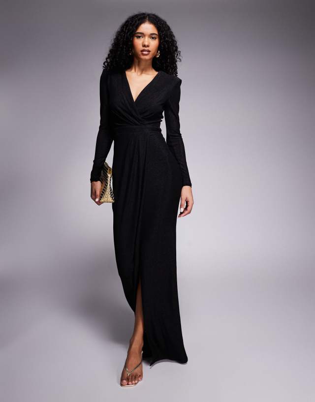 Goddiva Front wrap bodycon maxi dress in black