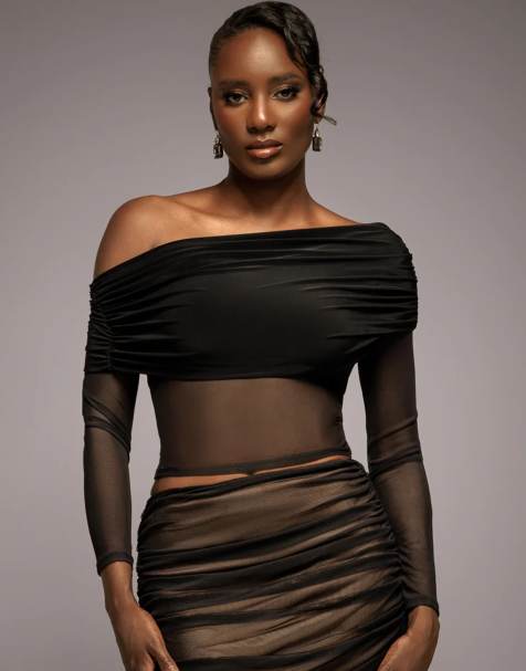 Goddiva Gathered bardot asymmetric mesh panel top in black - view 1