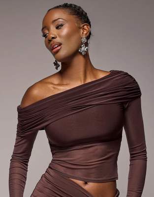 Goddiva Gathered Bardot Asymmetric Mesh Panel Top In Brown