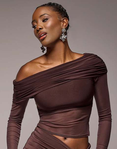 Goddiva Gathered bardot asymmetric mesh panel top in brown