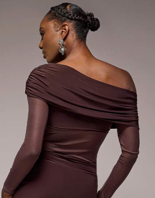 Goddiva Gathered bardot asymmetric mesh panel top in brown, 2 of 3