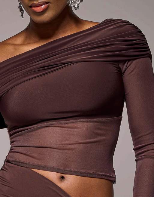 Goddiva Gathered bardot asymmetric mesh panel top in brown, 3 of 3